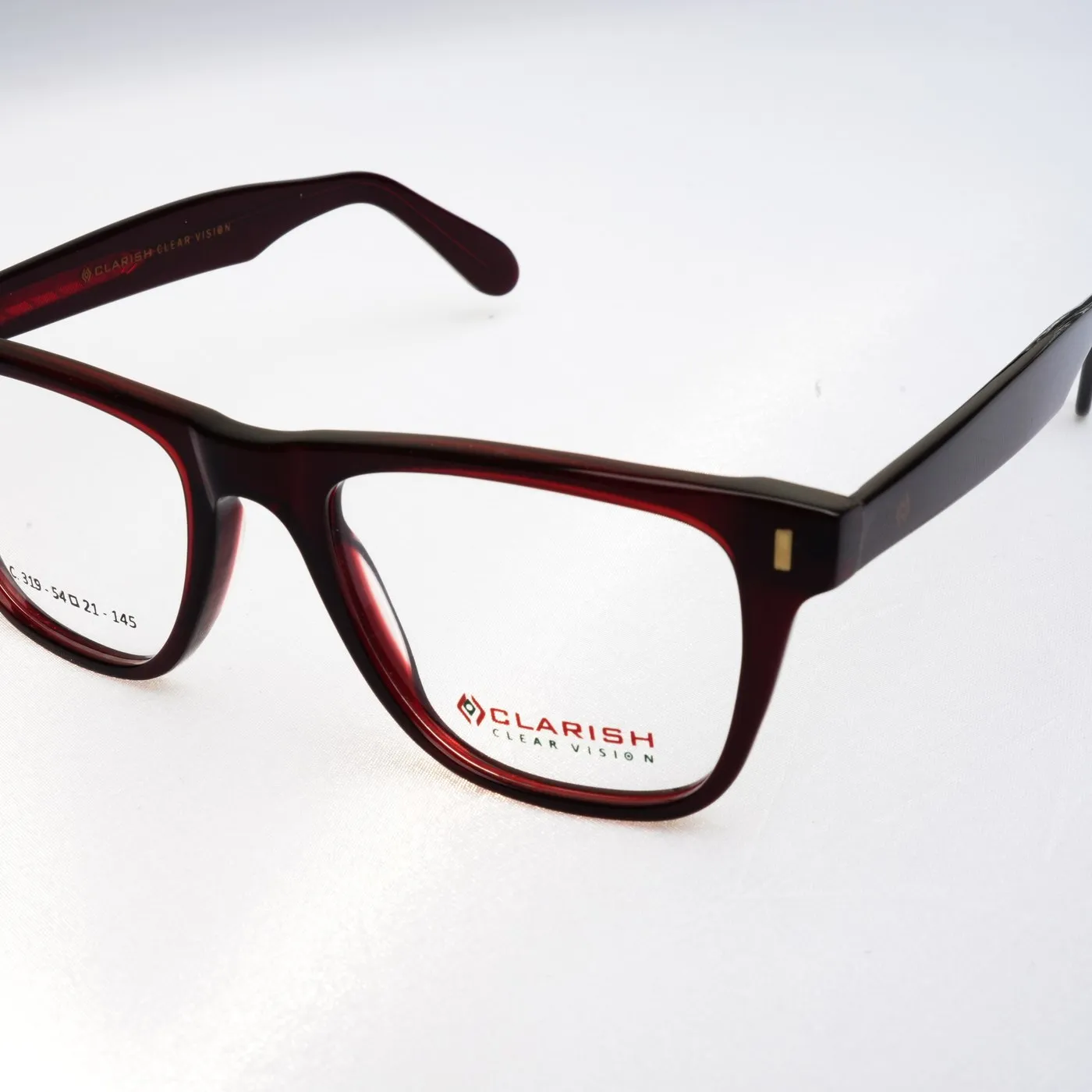 Clarish square acetate frame showing a printed brand mark on the temple for private label eyewear